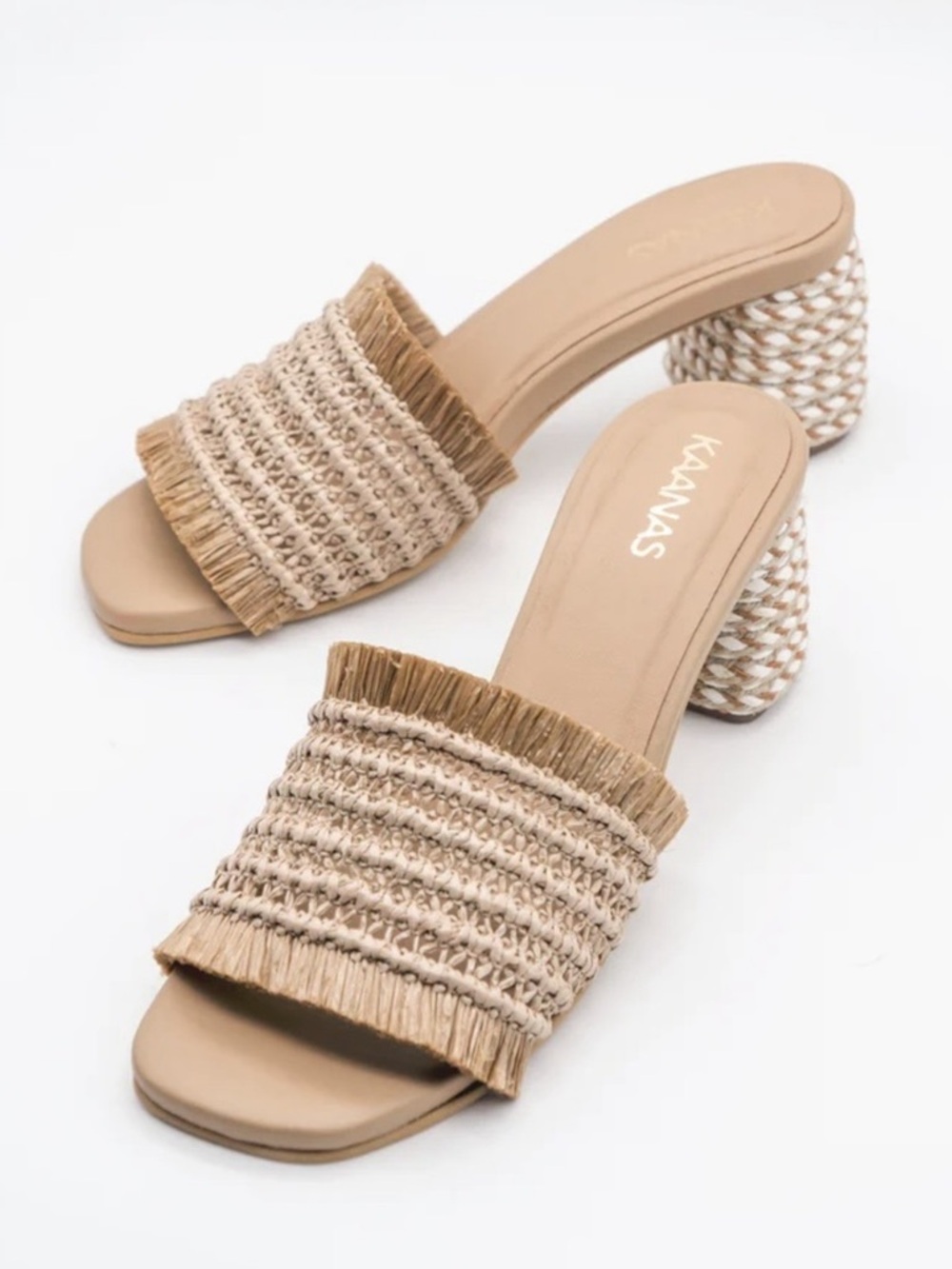Kaanas Sumatra Frayed Raffia Slide Sandals Block Heel Size 6 Woven Resortwear